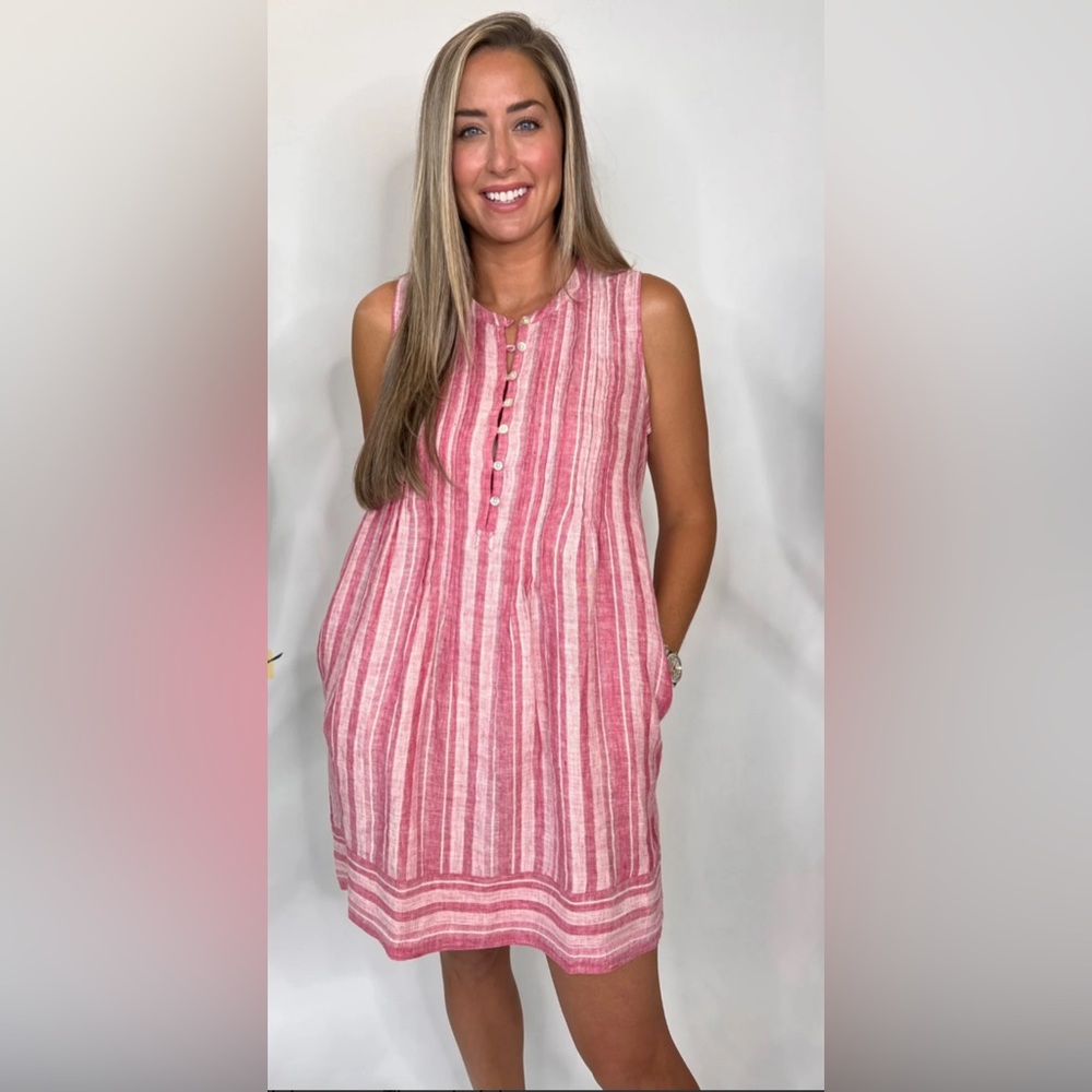 Faherty Isha Dress Granita Stripe Pink White Sleeveless Sz M Linen Blend Pockets